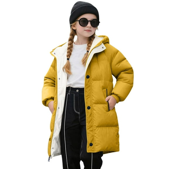 Boys Girls Long Heavyweight Hooded Puffer Jacket Packable Autumn and Winter Long Down Coats Yellow 140