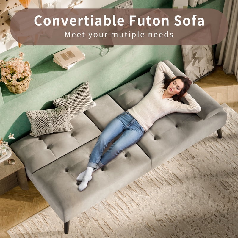 Walsunny Convertible Futon Sofa Bed, Foldable Futon Sleeper Sofa Bed with 2 Cup Holders, Folding Loveseat Recliner with 3-Angle Adjustment Modern Couch for Living Room, Small Space, Light Gray