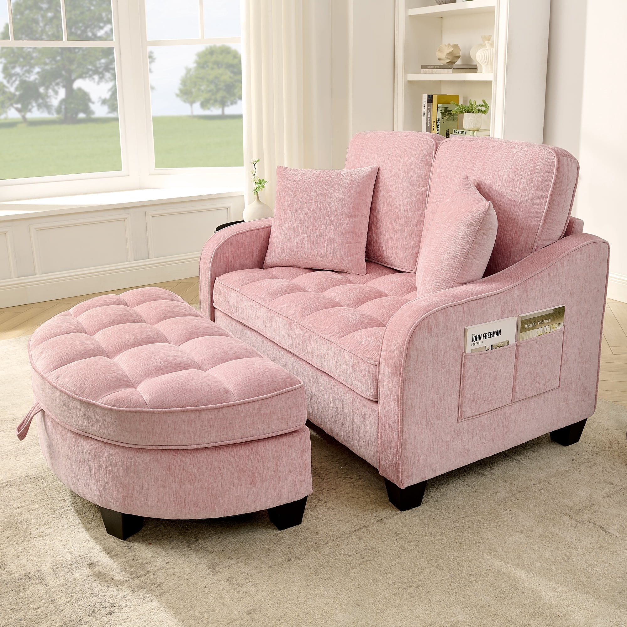 ShiKeyi 2 Seater Sofa with Double Chaise Lounge and Storage Ottoman, Adjustable Backrest Chenille Couch with Side Pockets and 2 Pillows, Pink