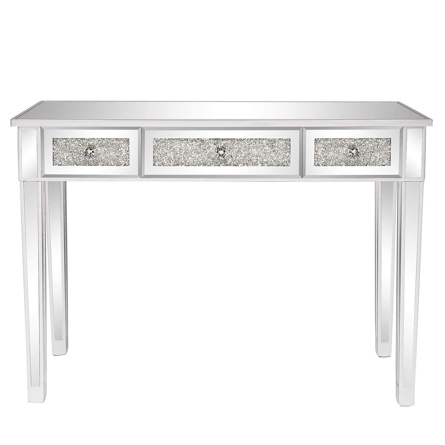 3-Drawer Modern Diamond-Embellished Computer Desk with Mirror Finish, Silver, 42 x 15 x 29.92 in