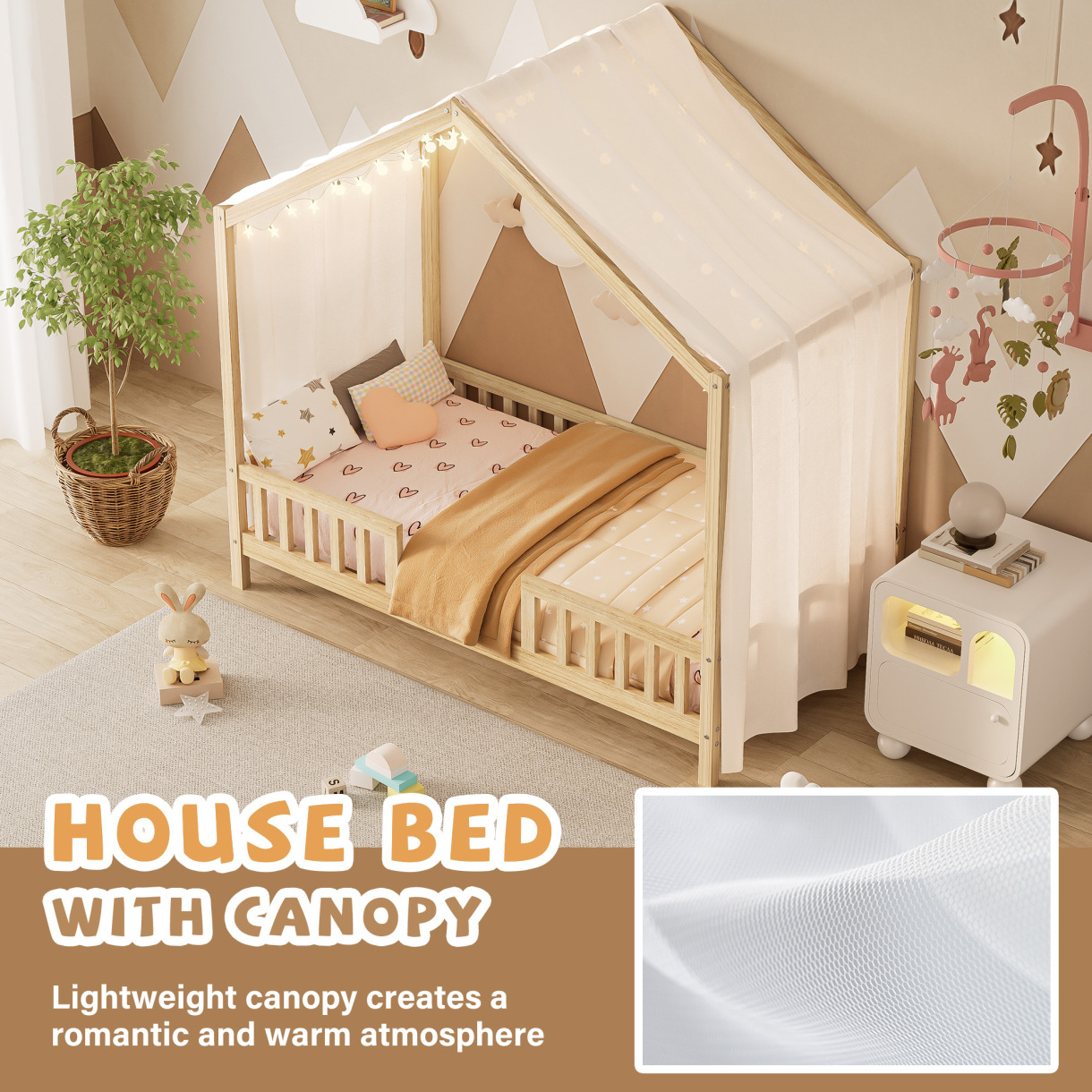 Twin Size Montessori Floor Bed with Canopy, Wooden House Shape Toddler Bed with High Railings and Roof, Twin Bed Frame for Kids Bedroom, Natural