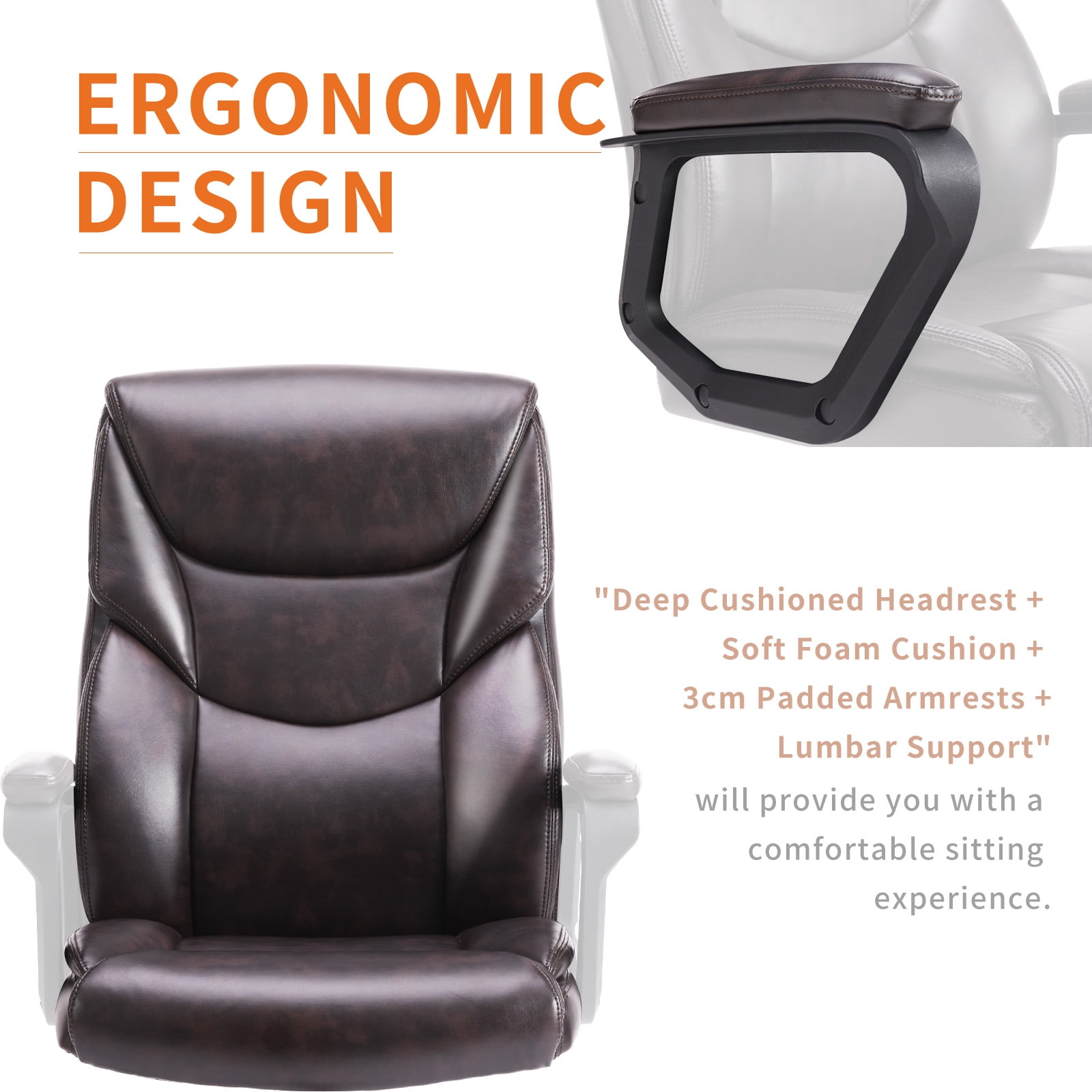 MCQ Home Ergonomic Office Chair, Heavy Duty Task Chairs with Wheels, Flip-up Arms, Adjustable Height, PU Leather, Brown
