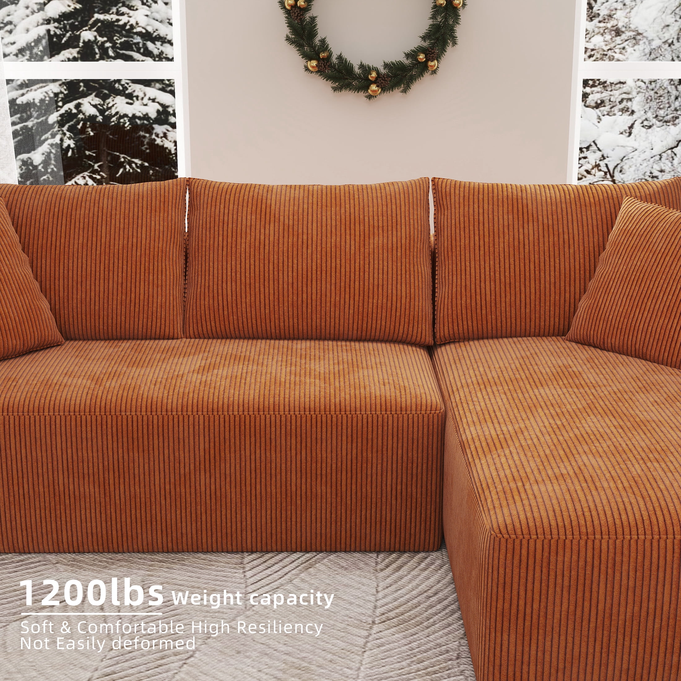 DEALTOPS 104'' Modular L-Shape Sectional Sofa with Chaise, Comfy Deep-Seat Cloud-Couch, Corduroy - Orange