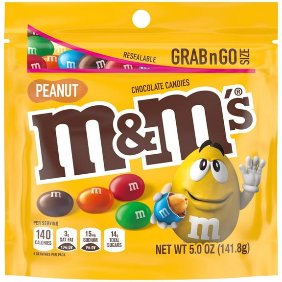 M&M'S Peanut Milk Chocolate Candy, Grab N Go, 5 oz Bag (Pack of 12)