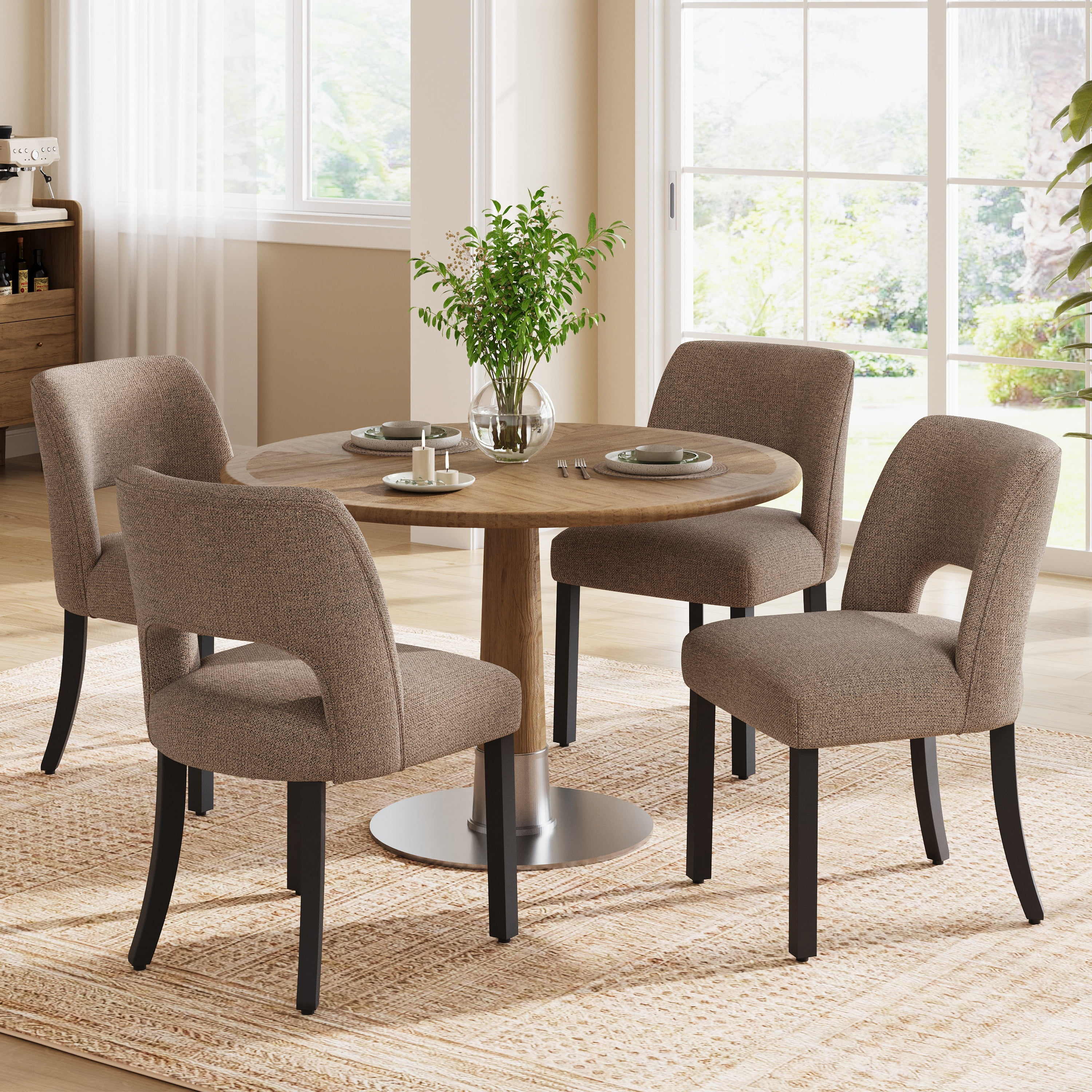 Vknow Furniture Wooden Dining Chairs Set of 4, Modern Fabric Upholstered Dining Room Chair Kitchen Chairs, Farmhouse Dinner Chair for Kitchen Dining Room, Brown