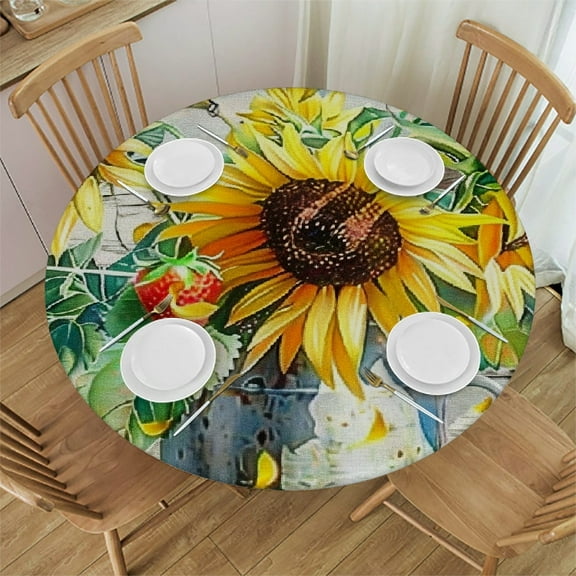 Patifu Sunflowers Bird Still Life Round Tablecloth Stain-Resistant Washable for Indoor Outdoor Restaurants Weddings Parties Home Kitchen Holiday Dinner Waterproof Fabric 31"-35