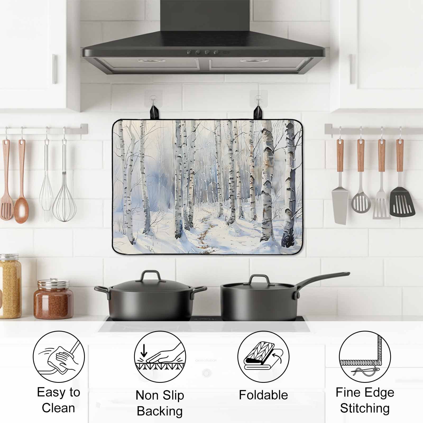 Christmas Tree Stove Top Cover for Electric Stove, Heat-proof & Non Slip Glass Top Stove Cover Protector, White Winter Xmas Snowflake Kitchen Flat Cooktop Rubber Mat 24x21 Inches