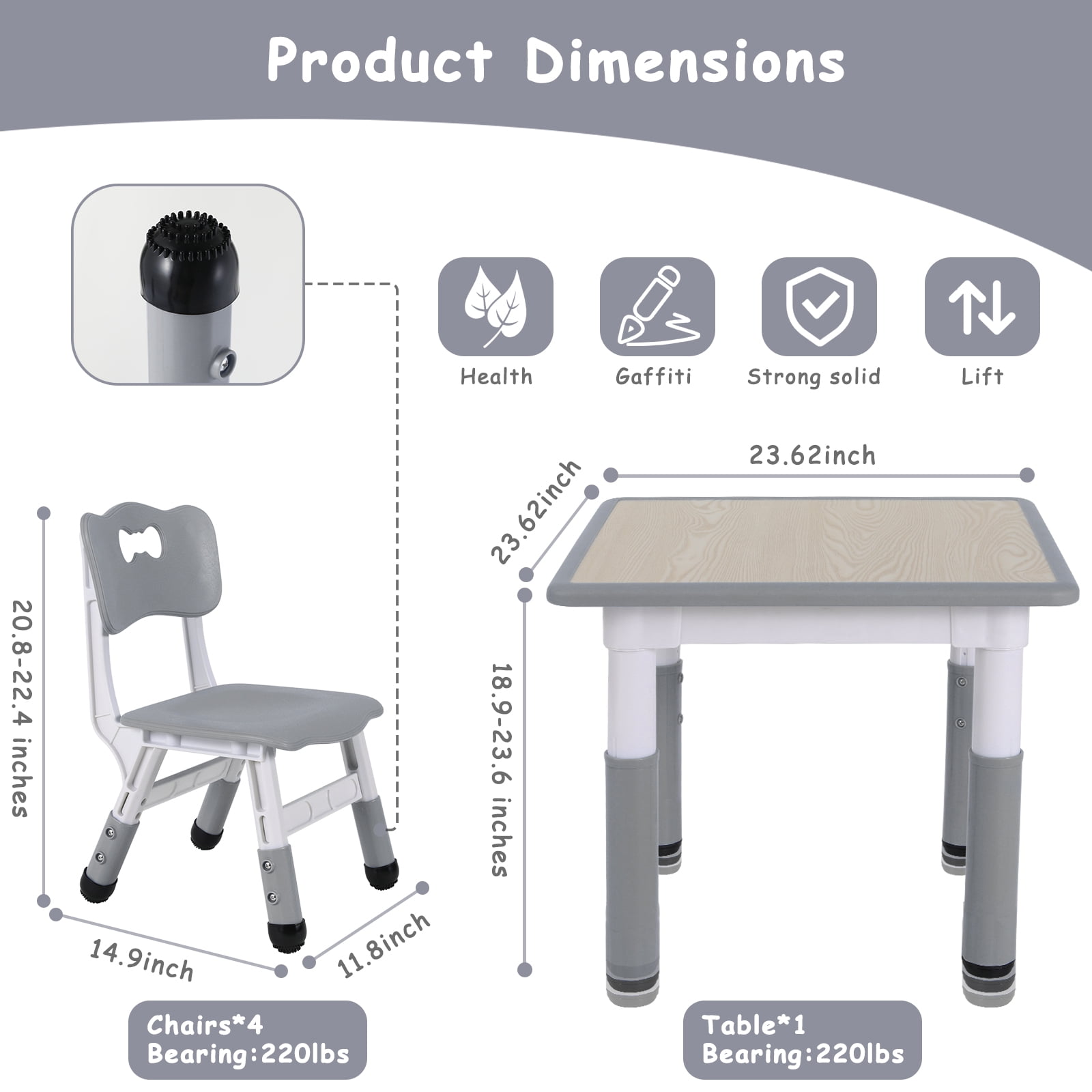 Pirecart Kids Table and 4 Chairs Set Height Adjustable Toddler Art Desk for Reading Drawing Eating, Suitable for Ages 2-10, Gary