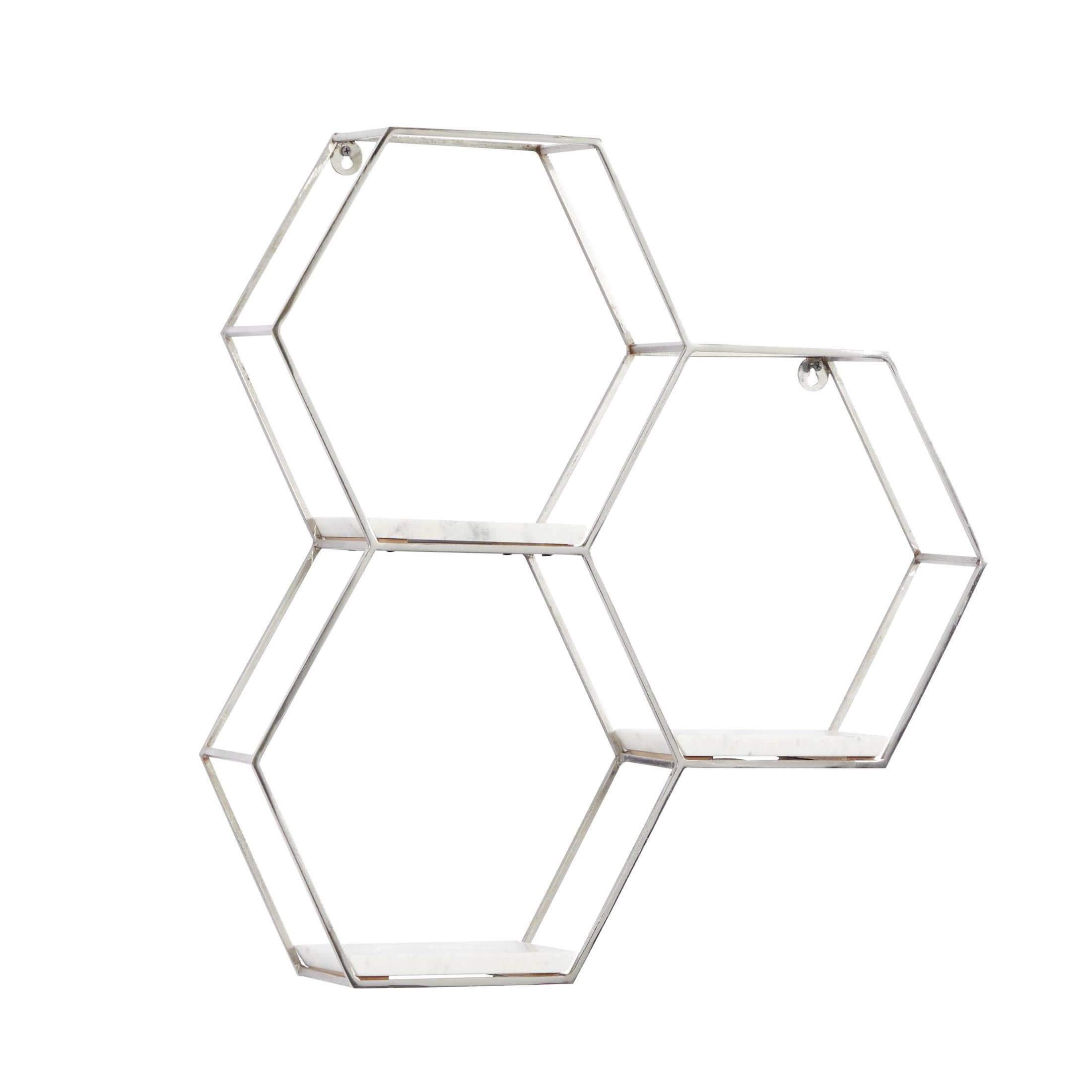 DecMode 26" x 5" Hexagon 3-Tier Silver Geometric Wall Shelf with 3 Marble Shelves