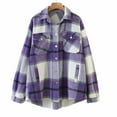 thumbnail image 2 of IROINNID Women's Shacket Jacket Turndown Lapel Plaid Long Sleeve Casual Brushed Top Pocket Single Breasted Check Woolen Jacket, Purple, 2 of 5