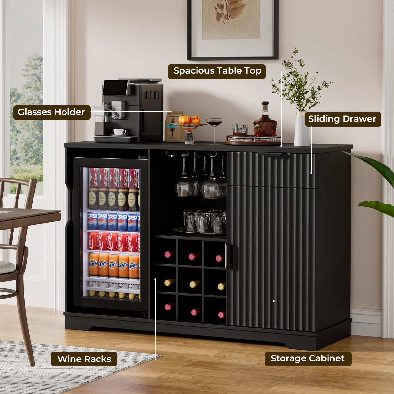 BROTTAR Fluted Wine Bar Cabinet with Fridge (Fridge Included), 47" Coffee Bar Cabinet with Wine Rack and Glass Holder, Liquor Cabinets with Drawer & Storage, Home Bar for Dining Room Kitchen, Black