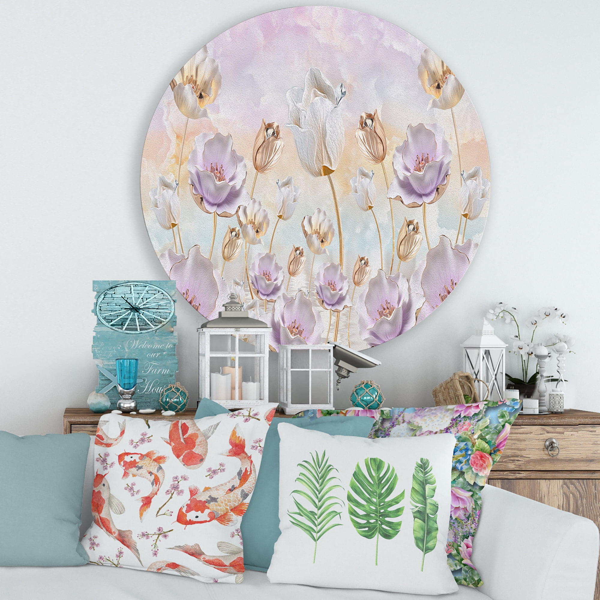 Designart 'Blossoming Pastel Tones Flowers' Traditional Circle Metal Wall Art 36x36 - Disc of 36