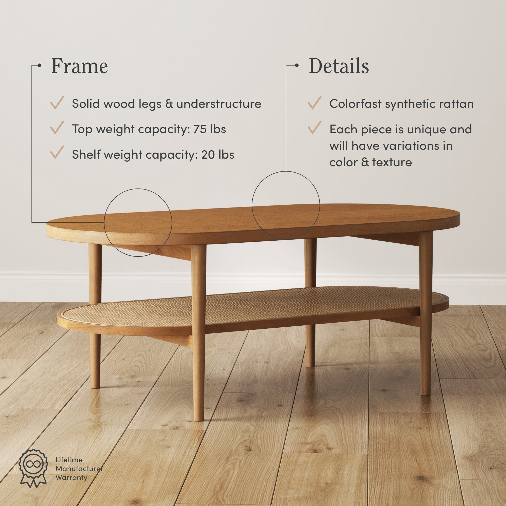 Nathan James Sonia Bohemian 2-Tier Oval Coffee Table, Living Room Cane Table with Storage Shelf and Mid-Century Legs in Honey Brown Wood with Rattan Accent