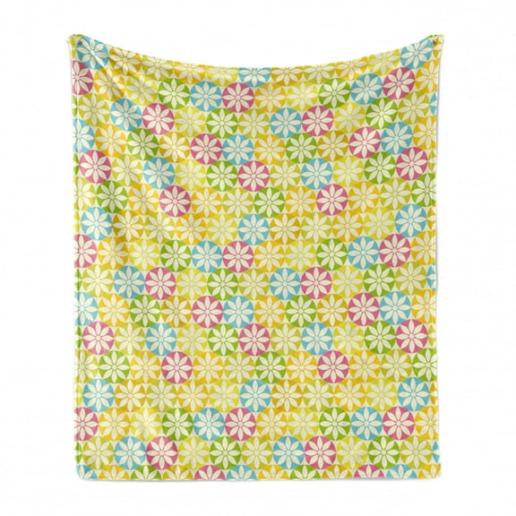 Floral Soft Flannel Fleece Throw Blanket, Botanical Theme Abstract Colorful Flowers in Circular Shapes on Plain Background, Cozy Plush for Indoor and Outdoor Use, 50" x 60", Multicolor, by Ambesonne
