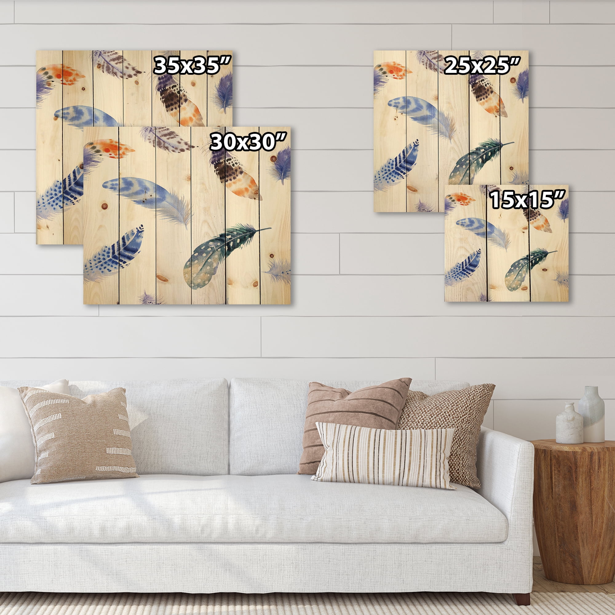 Designart 'Colourful Boho Feather Set On White VII' Bohemian & Eclectic Print on Natural Pine Wood