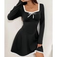 thumbnail image 6 of Fall Long Sleeve Mini Dress Lace U Neckline Tie A Line Cute Casual Short Party Dresses for Women Black S, 6 of 9