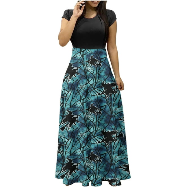 Vestido largo colorido con estampado de Halloween para mujer, vestidos estampados de manga corta, vestido playero informal Maxi Pompotops ghjkhdj13827
