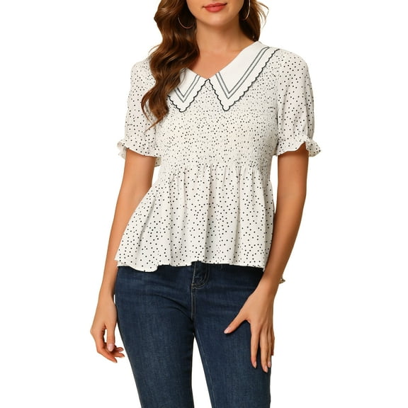INSPIRE CHIC Women's Peter Pan Collar Polka Dots Smocked Peplum Top XS White