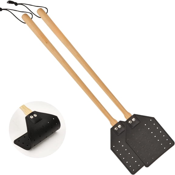Fly Swatters 2 Pack, Heavy Duty Leather Flyswatter with Long Wooden Handle, Manual Fly Swat for Indoor Outdoor, Wasp Swatter for Home Kitchen, 19.5"