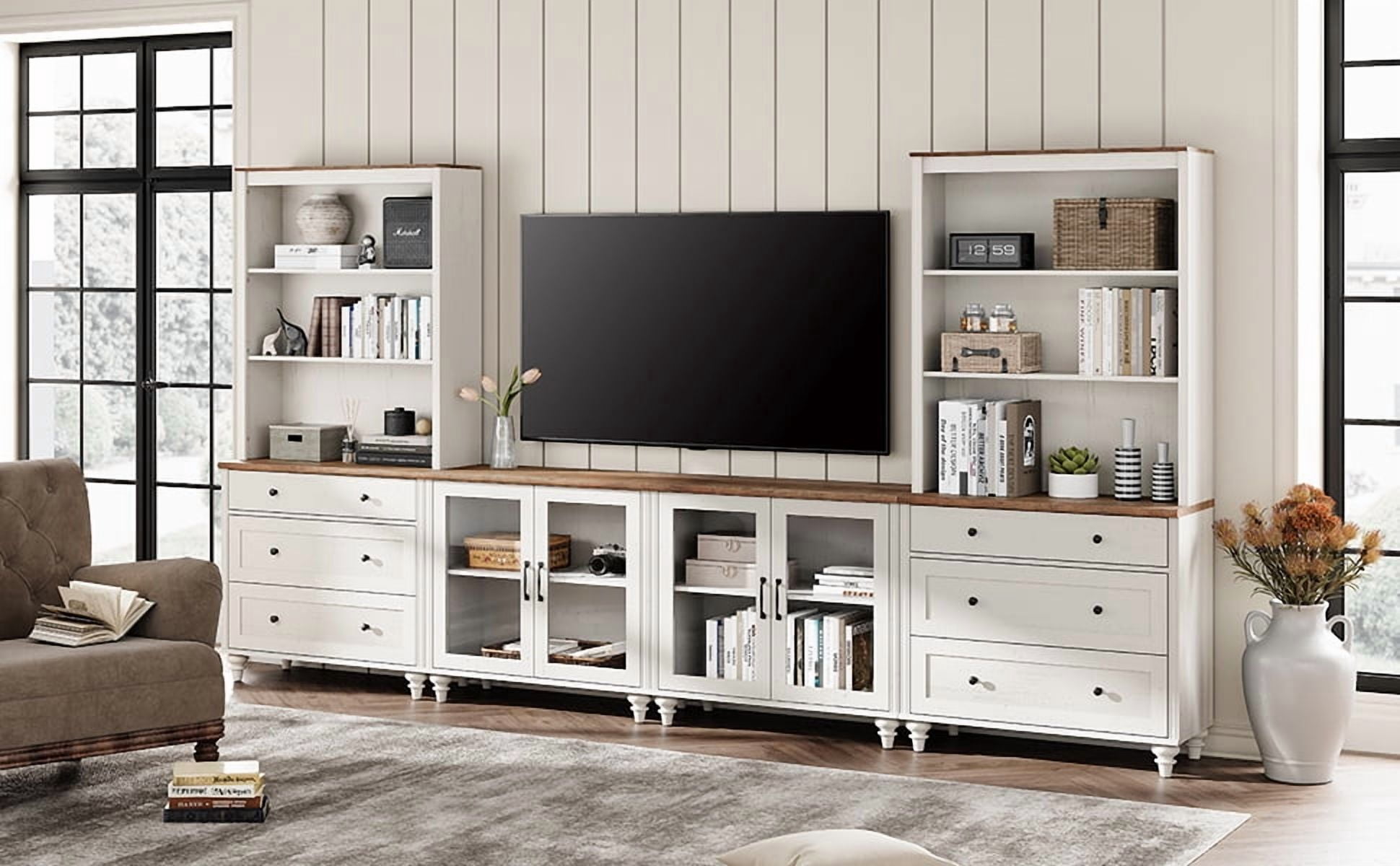 Entertainment Center with Bookshelves with Glass Doors & Drawer, Farmhouse Wall Unit TV Stand for TVs up to 75", Media Console Table for Living Room, Bedroom & Home Theater, White
