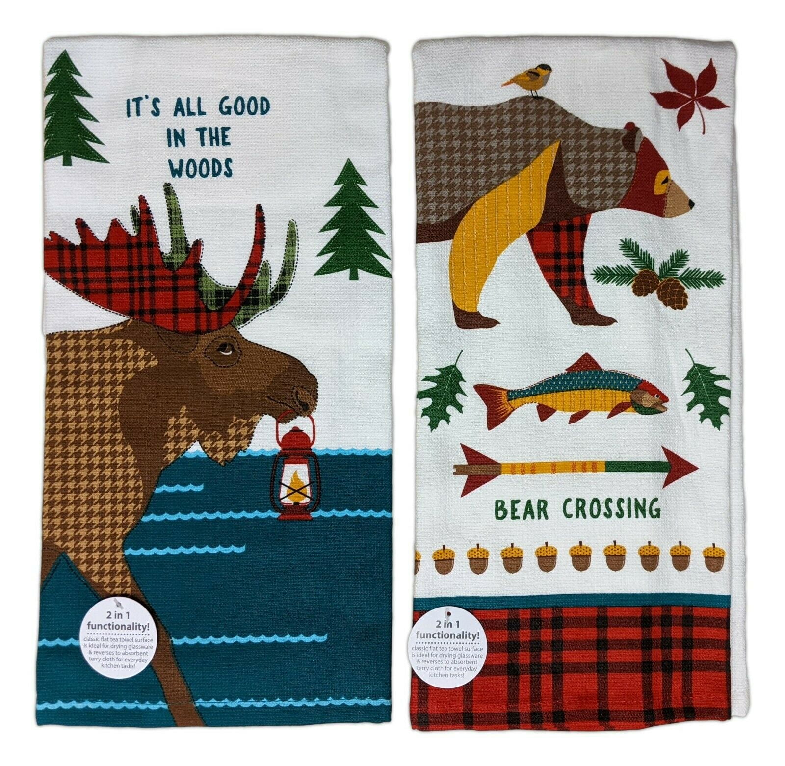 Set of 2 WOODLAND MOOSE & BEAR Terry Kitchen Towels by Kay Dee Designs
