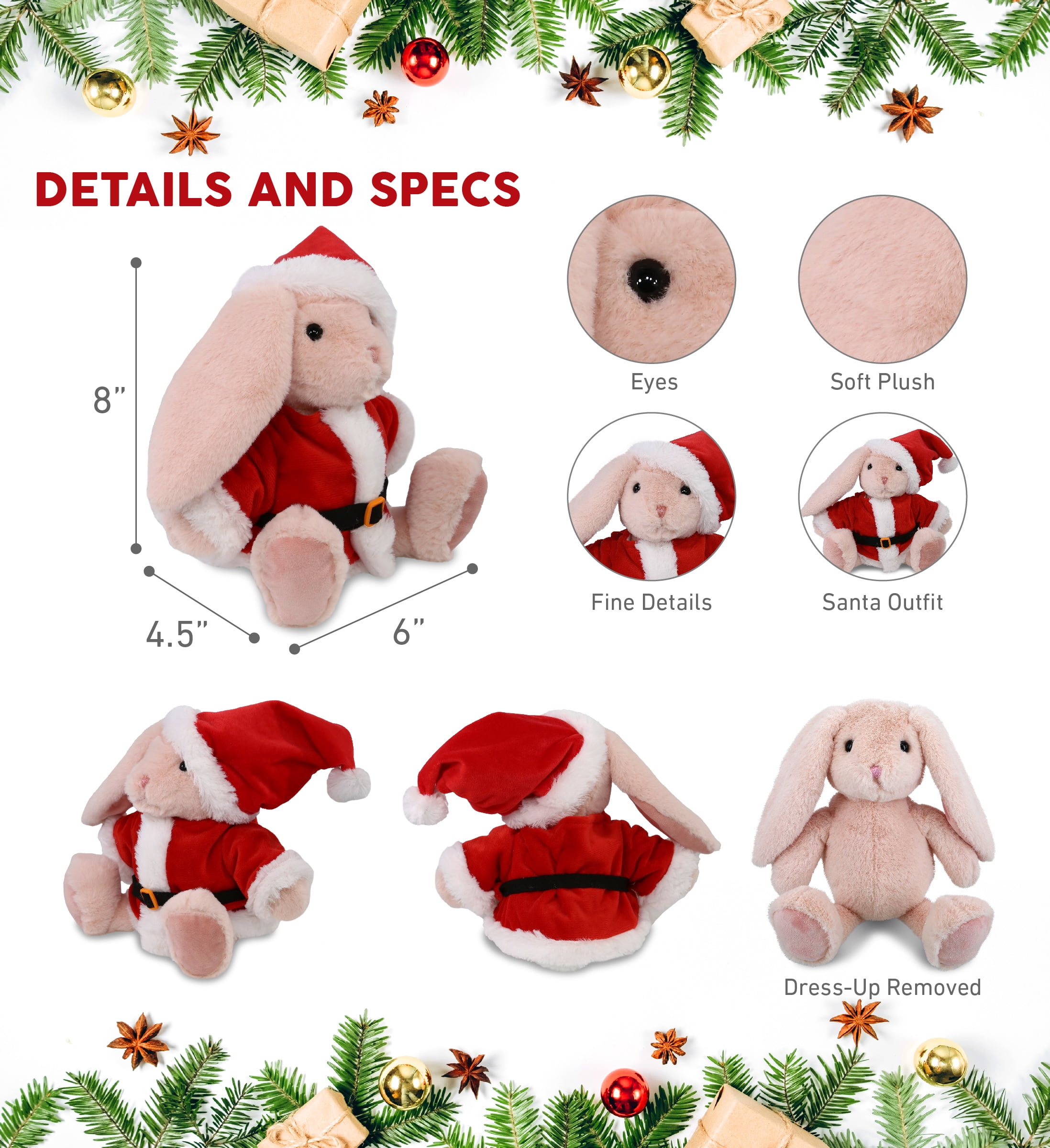 DolliBu Santa Baby Pink Rabbit Stuffed Animal Plush Toy - Super Soft Dress Up with Red Santa Claus Outfit, Cute Farm Life Rabbit Gift Perfect Holiday Christmas Gift - 8 Inches