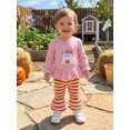 thumbnail image 4 of RUINIXCW Toddler Baby Girl Thanksgiving Halloween Outfit Infant Baby Girls Fall Clothes Turkey Ghost Embroidery Long Sleeve Ruffled Shirt Tops and Striped Bell Bottoms 2 Pcs Set, 4 of 9