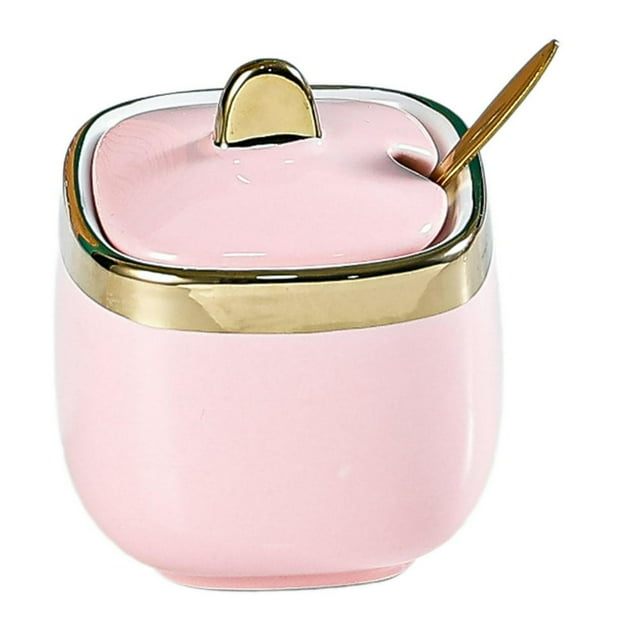HLONK Ceramic Sugar Bowl Container with Lid and Spoon Spice Seasoning Box Ceramic Condiment Pot Condiment Jar for Counter White