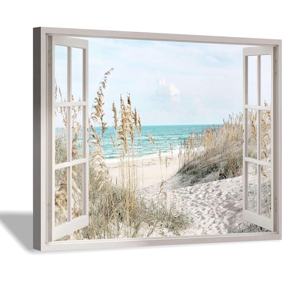 Woke Camp Window Coastal Beach 16” x12” Framed Canvas Art Prints