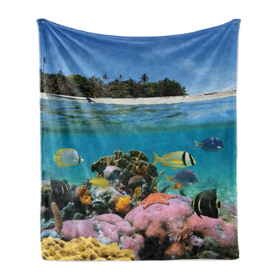 Central America Soft Flannel Fleece Throw Blanket, Underwater and Above View with a Beach and a Coral Reef with Exotic Fish, Cozy Plush for Indoor and Outdoor Use, 70" x 90", Multicolor, by Ambesonne