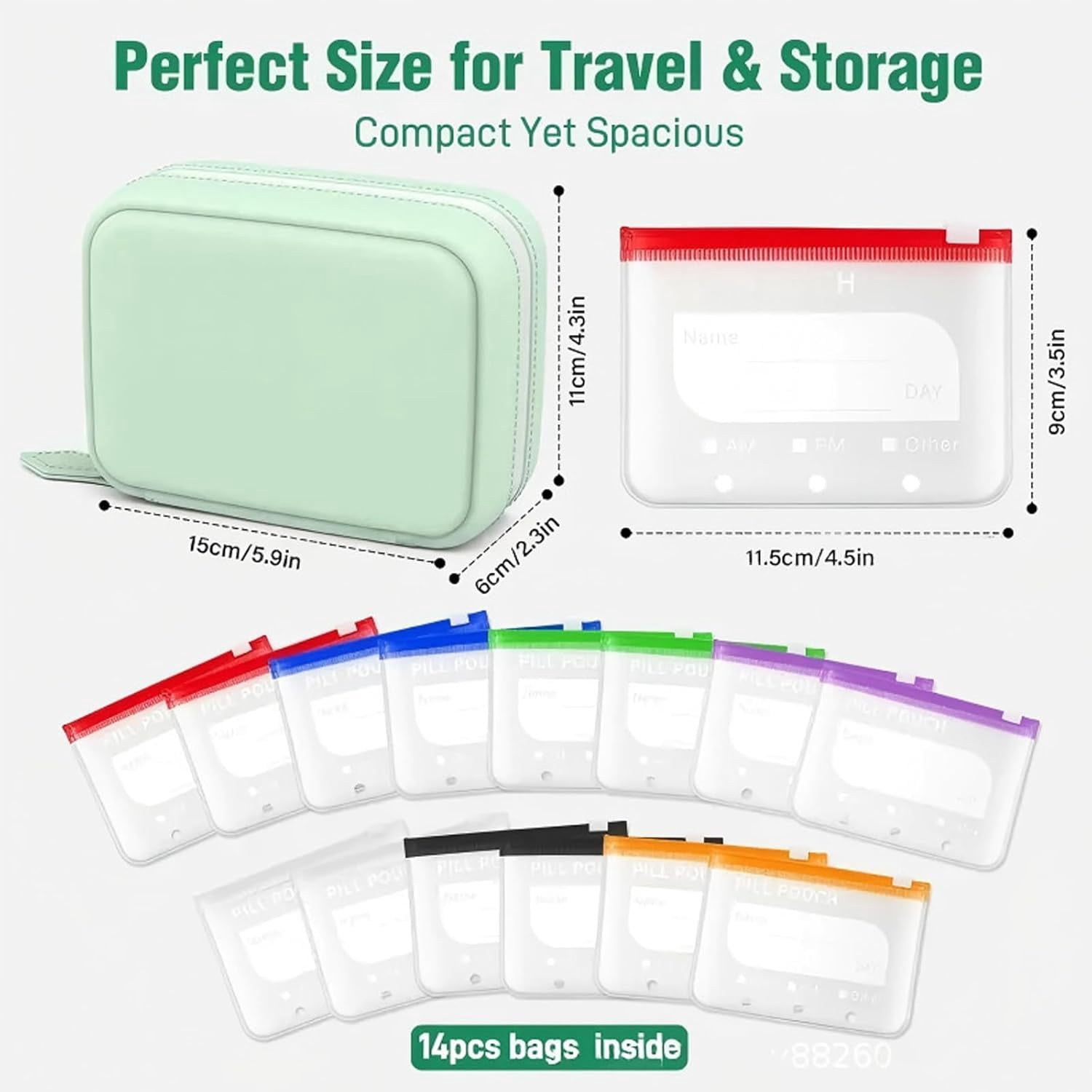 JEBTBFZE Waterproof Pill Organizer Set, Pill Pouches for Travel, with 14 Color-Pill Pouches, 7–14 Day Travel Pill Organizer, Portable Reusable Binder Design Zippered Pill Storage  (Pink)