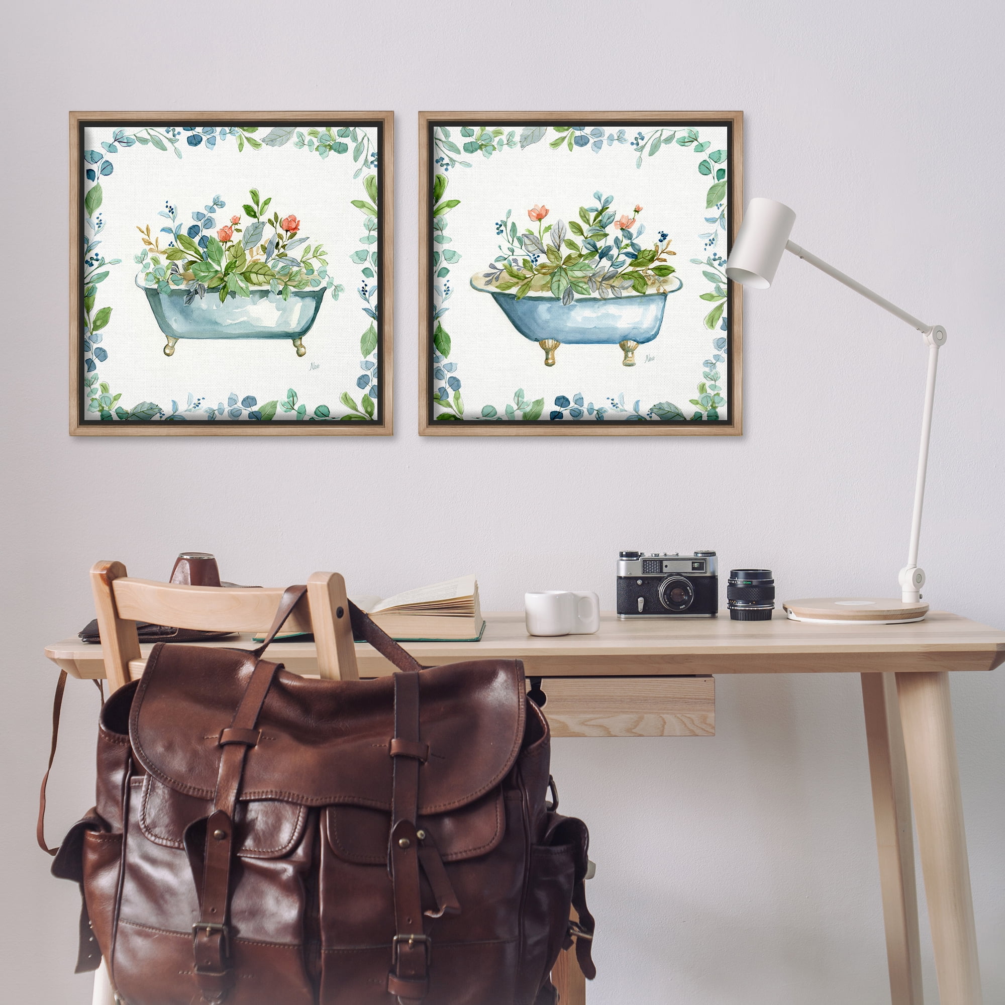 Stupell Industries Charming Flower Filled Tub Bath & Laundry Painting Brown Floater Framed Canvas Art Print Wall Art, 25 x 25, Set of 2
