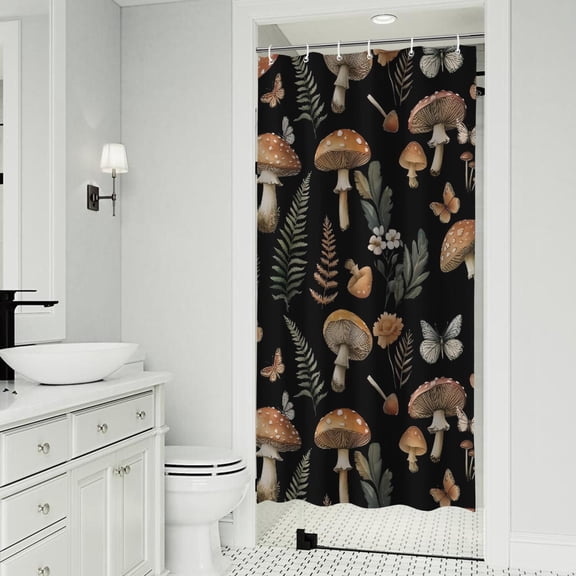 Brown Mushroom Flower Black Pattern Shower Curtain 36"x72" ,Bathroom Decorative Shower Curtains Set with 12 Hooks,Modern Waterproof Washable Shower Curtain