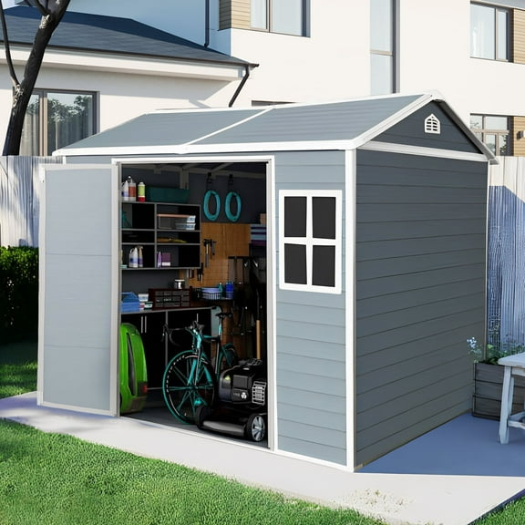 8x6 FT Resin Storage Sheds Outdoor with Floor, 2 Windows & Lockable Door Storage Shed - Waterproof Garden Tool Shed, Patio & Backyard Tool Storage Cabinet Use - Gray