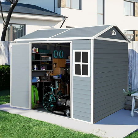 8x6 FT Resin Storage Sheds Outdoor with Floor 2 Windows & Lockable Door Storage Shed - Waterproof Garden Tool Shed Patio & Backyard Tool Storage Cabinet Use - Gray