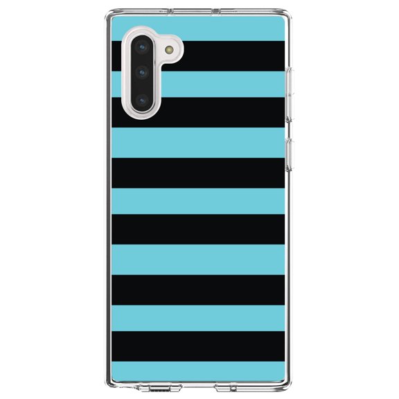 DistinctInk Clear Shockproof Hybrid Case for Samsung Galaxy Note 10 (6.3" Screen) - TPU Bumper, Acrylic Back, Tempered Glass Screen Protector - Black & Cyan Bold Horizontal Stripes