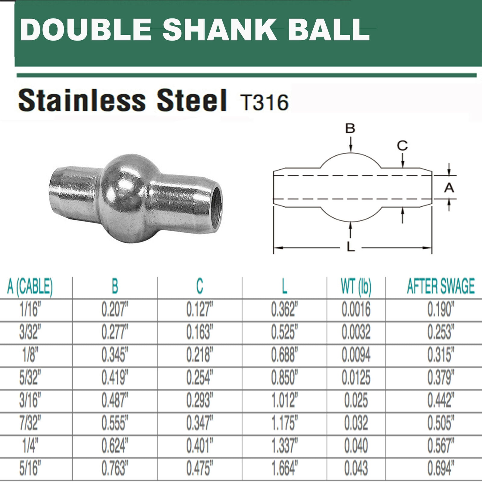 Double Shank Ball Swage Fittings Terminal Cable Wire Rope 1/16" to 5/16"