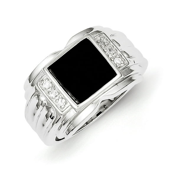 Sterling Silver Mens CZ and Onyx Ring - Ring Size: 9 to 11
