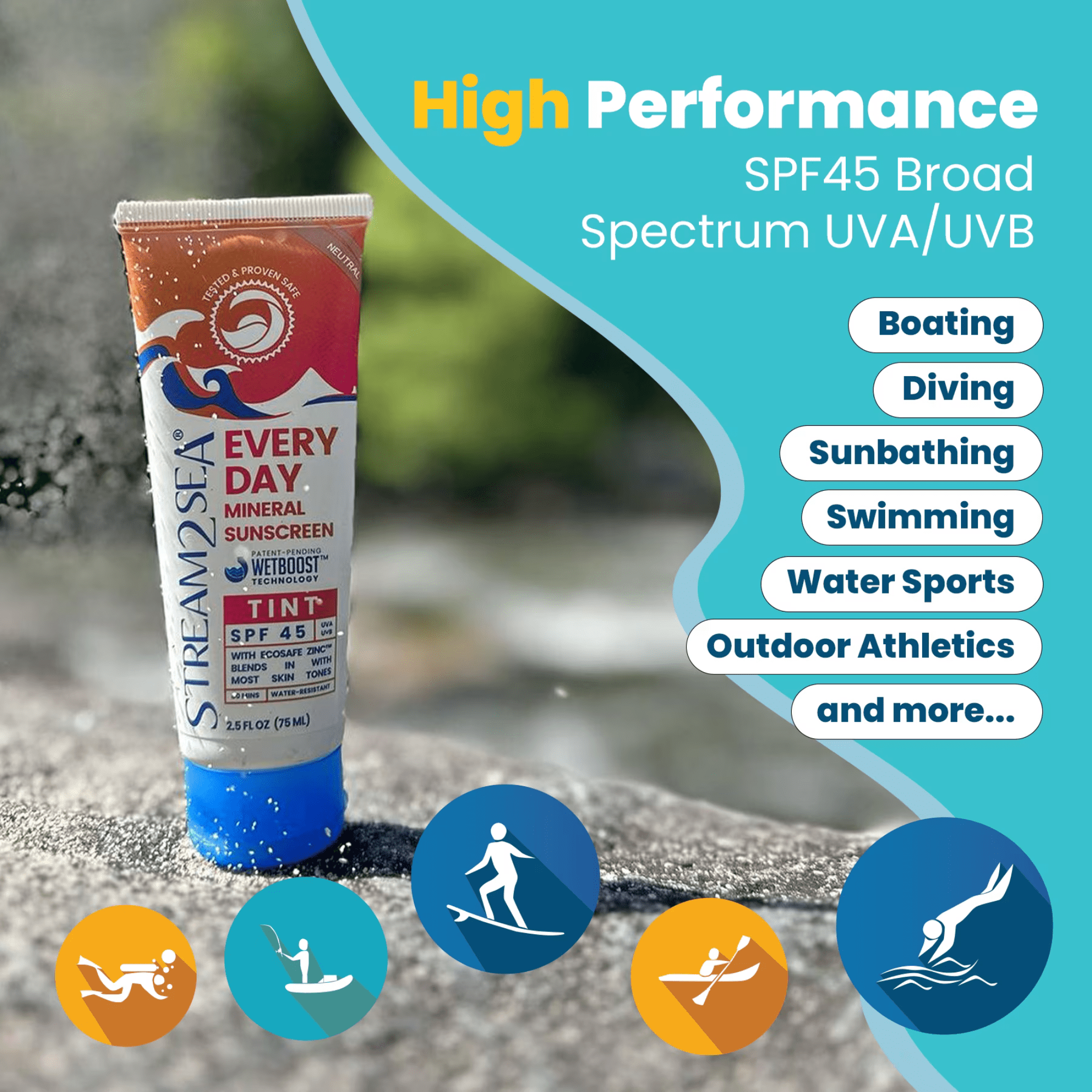 Stream2Sea SPF 45 Tinted Mineral Sunscreen, Paraben Free, Coral Reef Safe Sunscreen - 2.5 fl oz