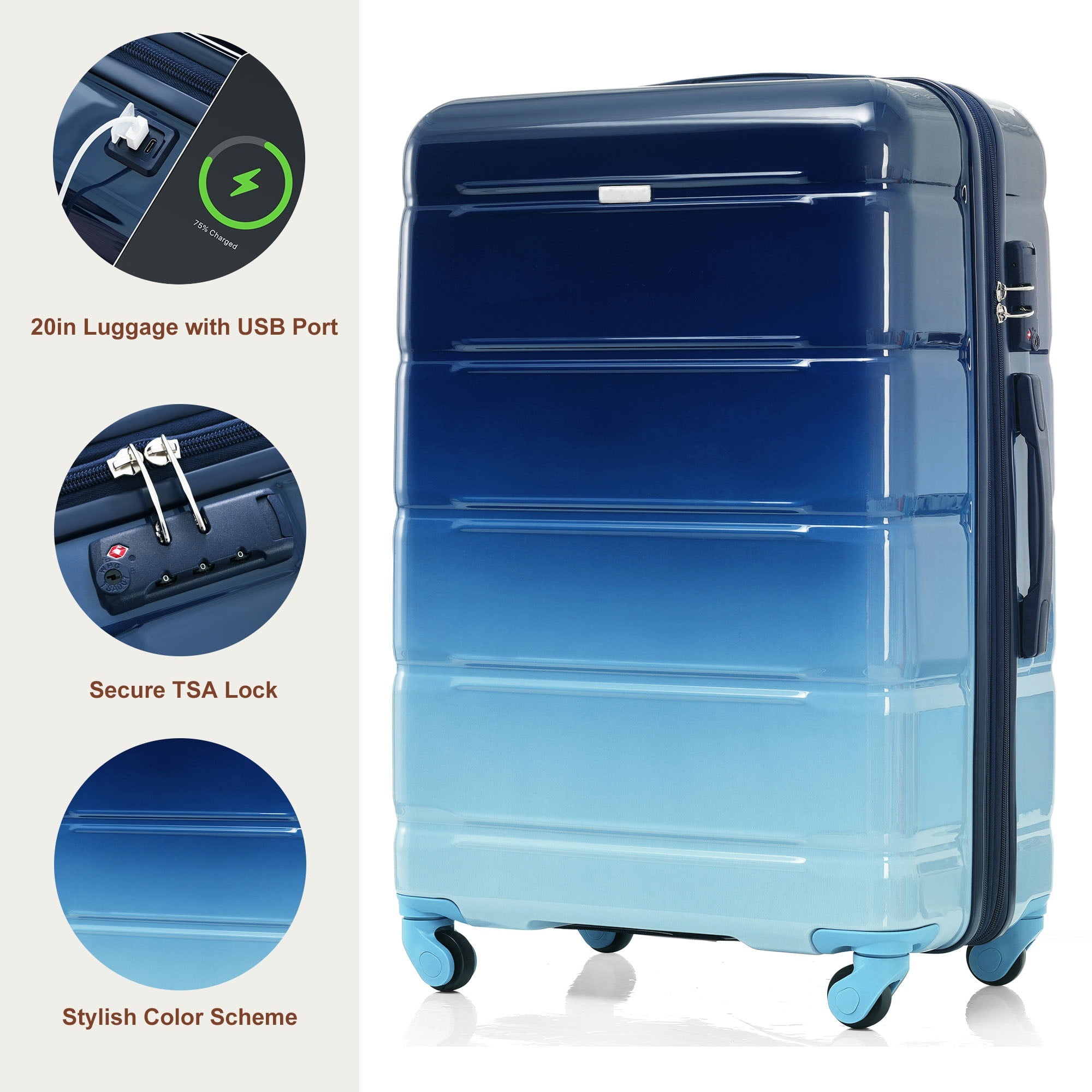 Euroco 3 Piece Luggage Sets, 20" Carry-on Suitcase with USB Port and Cup Holder,Hardside Lightweight Suitcase Set with TSA Lock and Spinner Wheels(20"/24"/28"),Blue