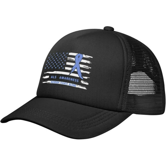 ALS Awareness America Flag Blue Ribbon Baseball Cap Adjustable Casual Mesh Hats Duck Tongue Hat for Men Women73, Black