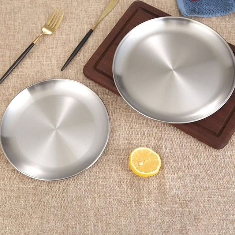 Reusable Brushed Metal Dinner Plates Vintage Quality 304 Stainless Steel Silver Color Heavy Duty Kitchenware Round Metal Dishwasher Safe BPA Free