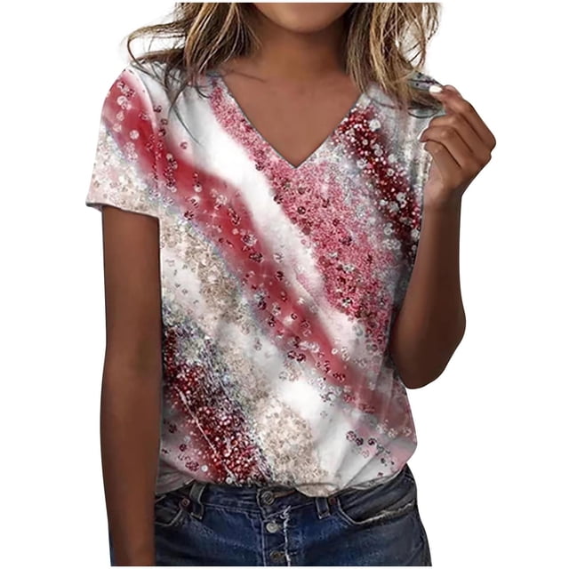 Pompotops Mode Femme V-Cou Manches Courtes Chemisier T-Shirt d'Été d'Impression en Vrac Tops