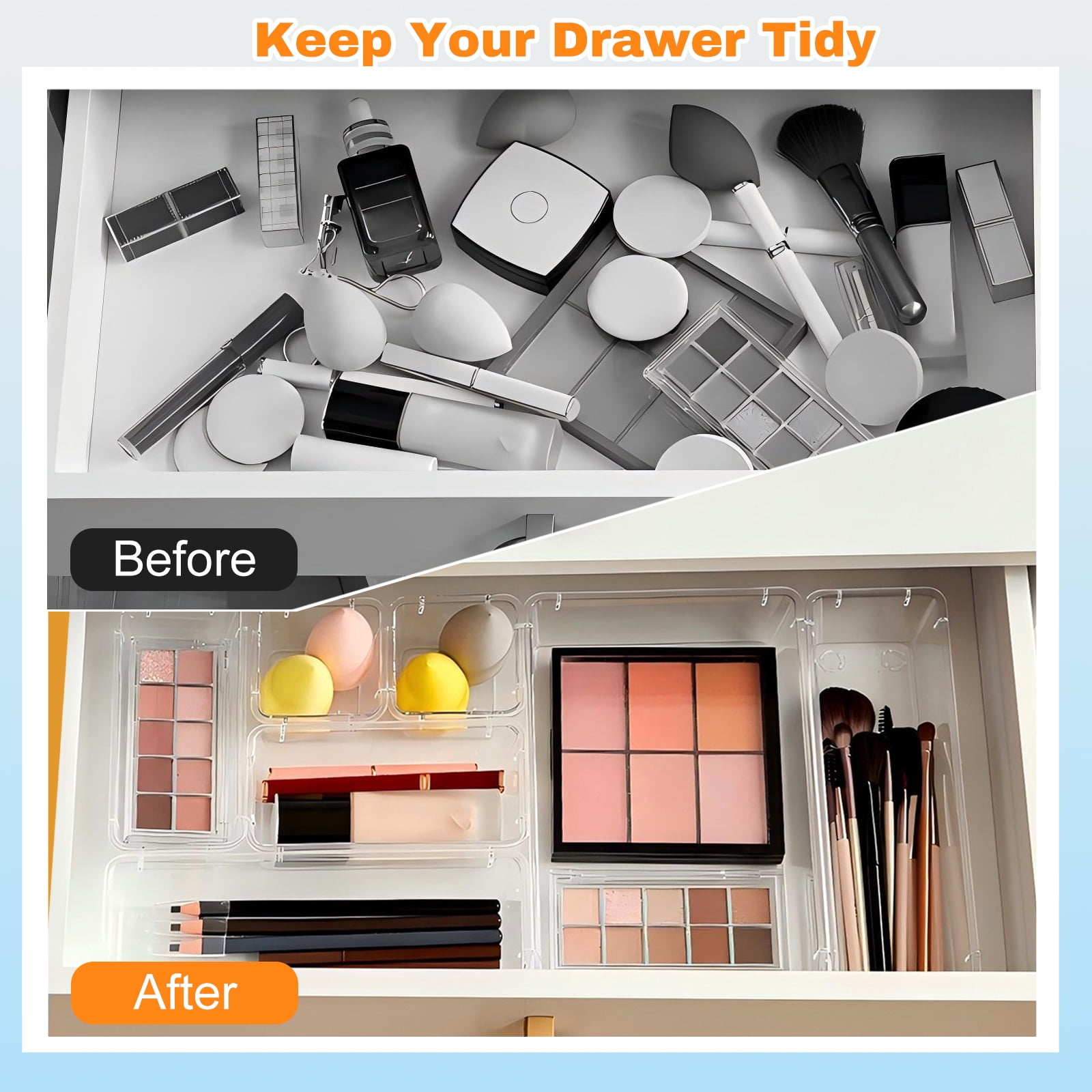 Lockways Drawer Organizer, 28Pcs Clear Plastic Makeup Drawer, 4 Sizes Vanity Organizer and Storage Bins for Makeup, Jewelry, Gadgets for Bathroom, Bedroom, Office