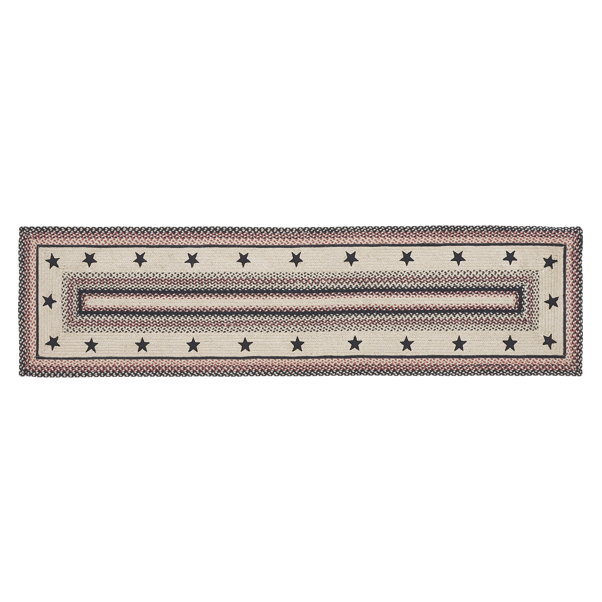 VHC Brands Colonial Star, Braided Jute Runner Rug, Non-Skid Pad, Rectangle, Tan Red Black, 24x96