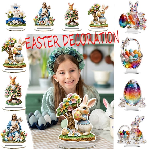 LSLJS Easter Decorations, 2D Flat Acrylic Creative Desktop Ornament, Glitter Bunny & Cute Egg Basket Pendant Easter Ornaments with Base, Easter Decorations for Home Desktop Classroom Holiday