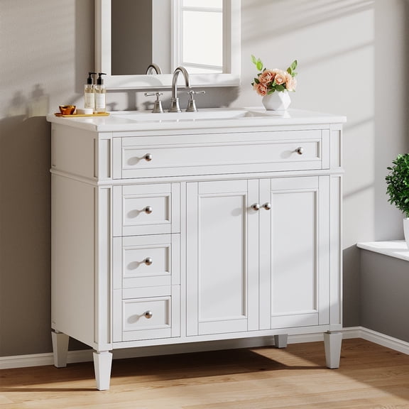Fnova 36" Bathroom Vanity with Sink, Modern Bathroom Sink Cabinet with 4 Drawers & 2 Doors, Bath Storage Vanity Sink with Metal Handles, Solid Wood Frame, White