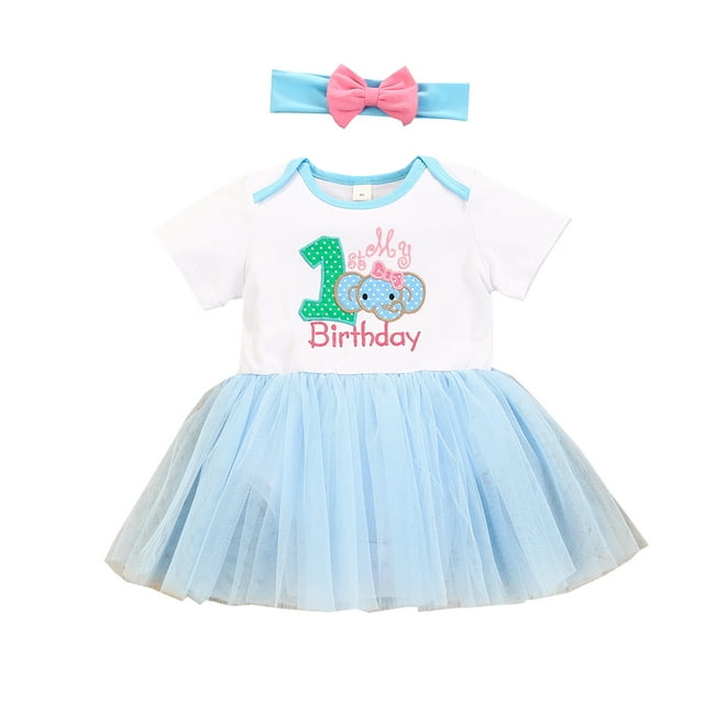 Honganda Baby Girl Clothes Hairband Set, Birthday Mermaid Elephant Lettering Print Short Sleeve Dress Romper Matching Bow Headband