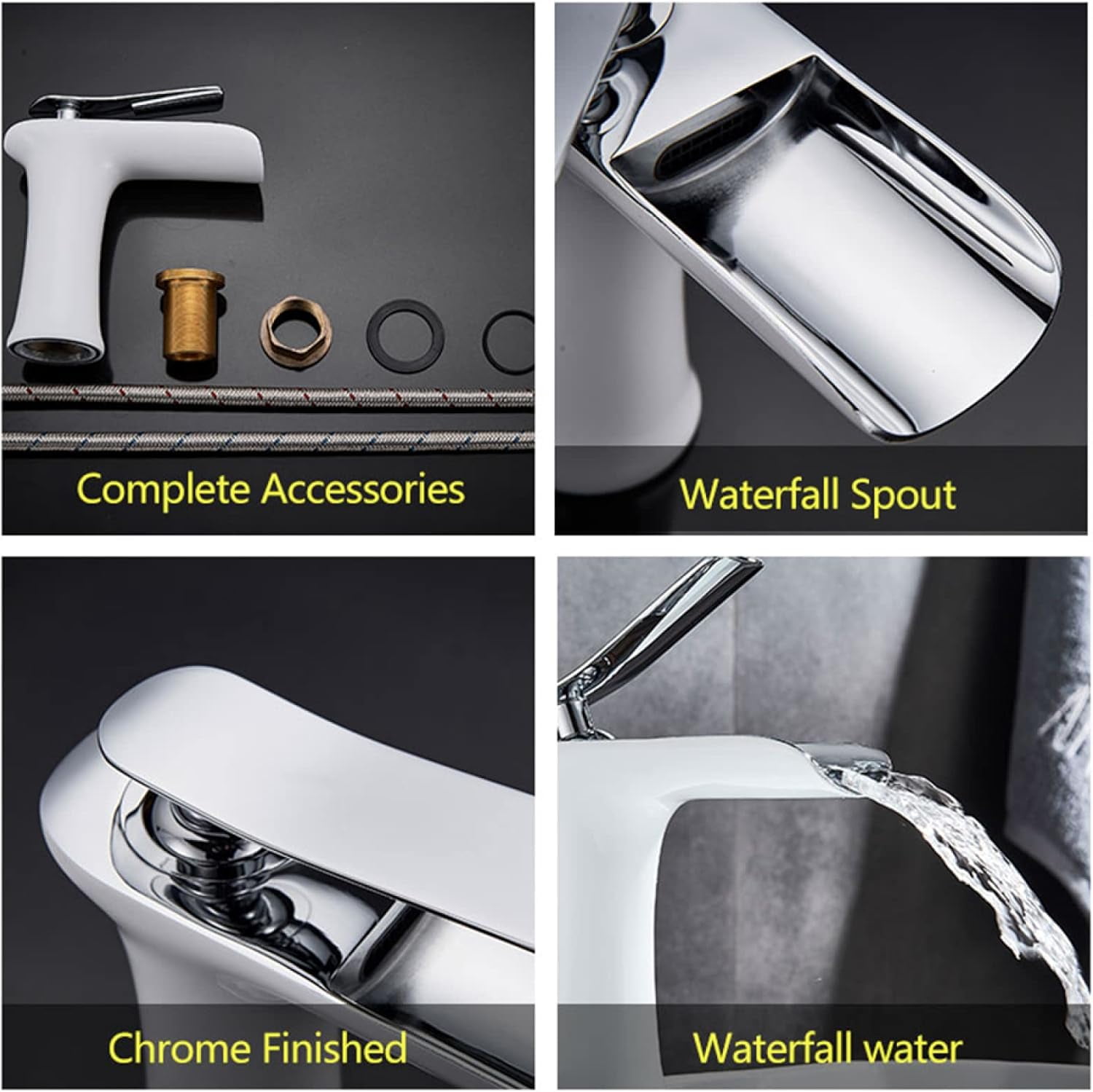 Bathroom Faucet Waterfall, Hot and Cold Sink Mixer Tap Faucet, Solid Brass, Waterfall Single Handle Bathroom Sink Faucet Tall, White Gold