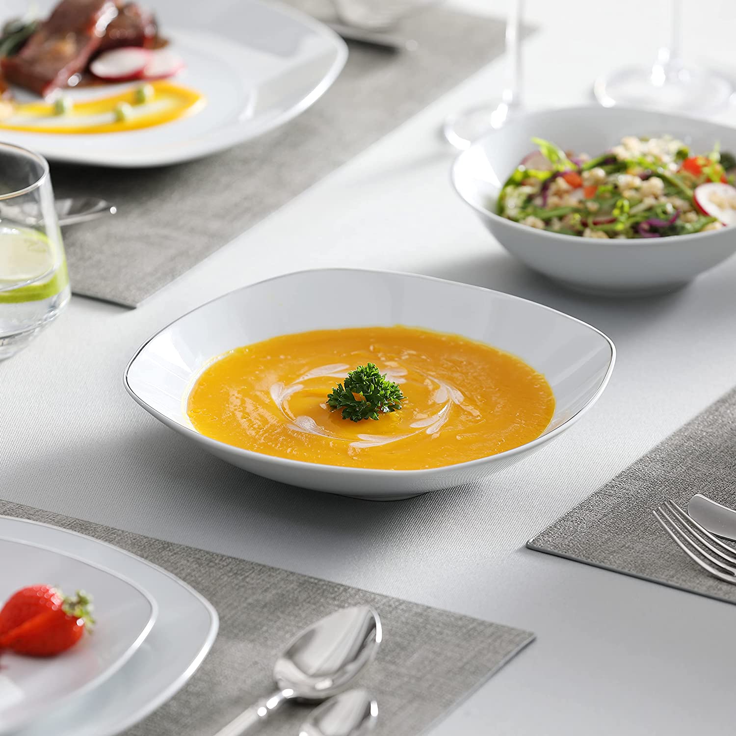 MALACASA Porcelain Dinnerware Sets, 24 Piece Round White Dishes With Silver Line, Dish set Service for 6, Series ELISA